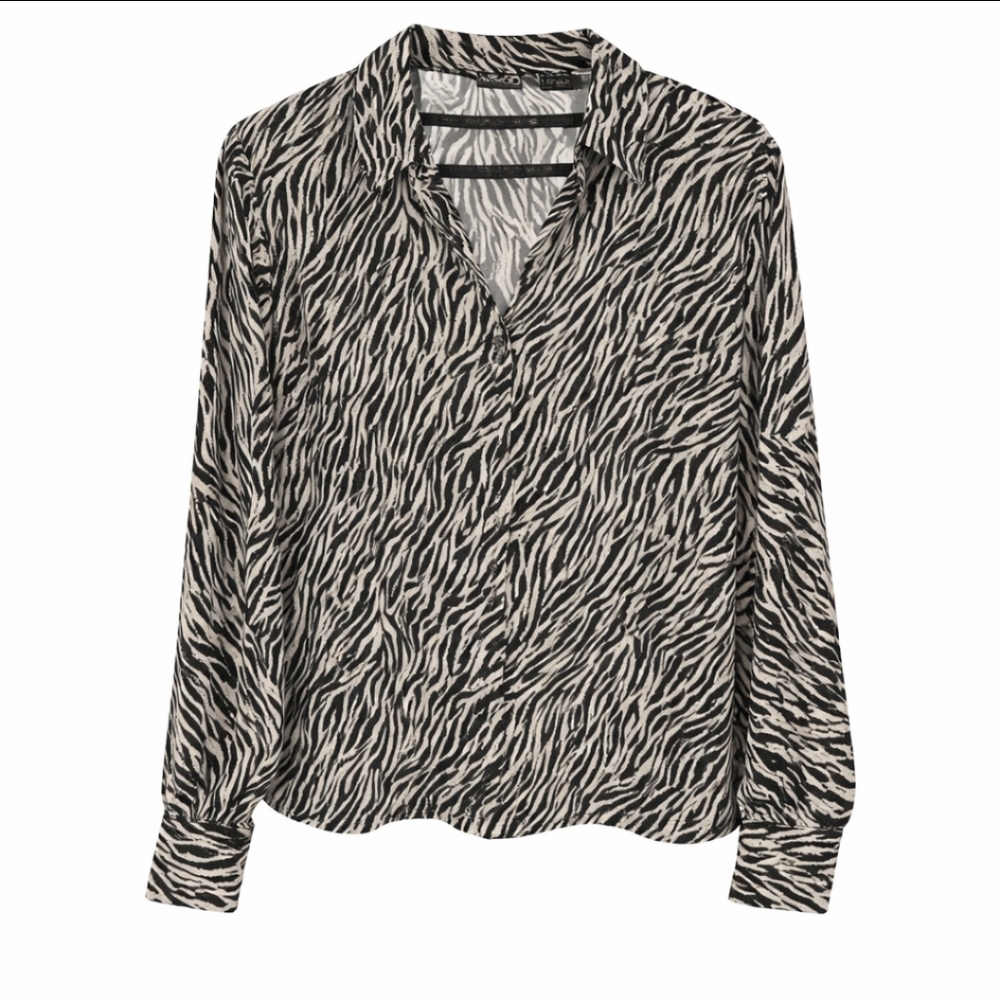 NY&Co Black And White Sheer Zebra Striped Blouse Sz XL